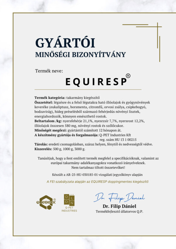 QUEBECK EQUIRESP légúttisztító kiegészítő takarmány lovaknak 500g - Image 3