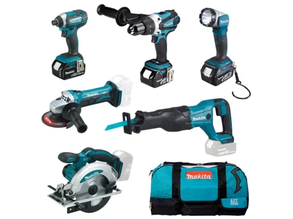 Makita DLX6046 akkus szett 18V LXT DGA452+DHP458+DJR186+DSS610+ DTD152+DML802+3xBL1830B+DC18RC táska