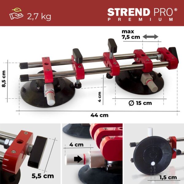 Üvegtartó Strend Pro, tapadókorongos, 2-kupolás, szintező segédeszköz burkolólapokhoz és csempékhez max 150kg 2172826 - Image 3